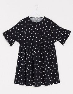 Платье мини в горошек с оборками на рукавах ASOS DESIGN-Черный