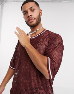 Бордовая кружевная футболка в стиле oversized с контрастной отделкой ASOS DESIGN-Красный
