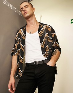 Трикотажная рубашка oversized со звериным принтом ASOS DESIGN-Черный