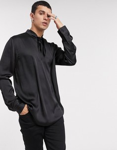 Атласная рубашка классического кроя с завязкой на шее ASOS DESIGN-Черный