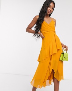 Желтое ярусное платье миди на бретелях ASOS DESIGN-Оранжевый