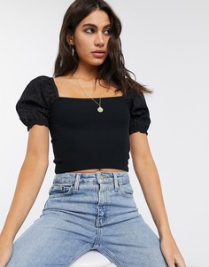 Черная футболка с вышивкой ришелье на рукавах Bershka-Черный