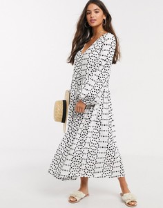 Белое свободное платье с черной вышивкой ришелье ASOS DESIGN-Мульти