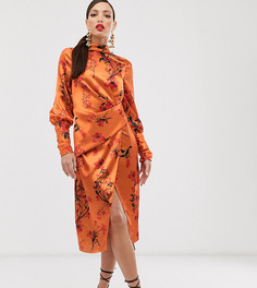 Атласное платье миди с длинными рукавами и цветочным принтом ASOS DESIGN Tall-Мульти