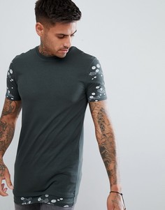 Длинная обтягивающая футболка с цветочным принтом на рукавах и подоле ASOS DESIGN-Зеленый