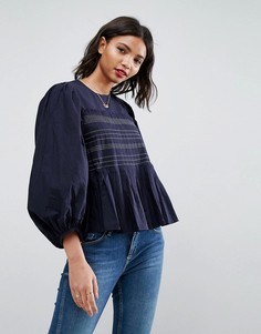 Лонгслив с контрастной строчкой и плиссировкой ASOS DESIGN-Темно-синий
