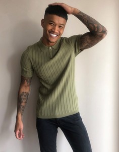 Обтягивающая футболка-поло цвета хаки в рубчик ASOS DESIGN-Зеленый