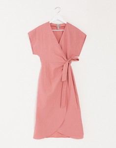 Льняное платье миди с запахом ASOS DESIGN-Розовый