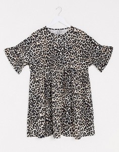 Свободное платье мини с оборками на рукавах и звериным принтом ASOS DESIGN-Коричневый
