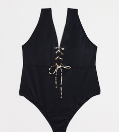 Черный слитный купальник со шнуровкой River Island Plus