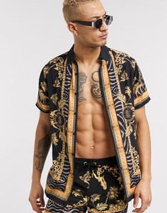 Черная рубашка от комплекта с короткими рукавами и принтом в стиле барокко SikSilk-Черный