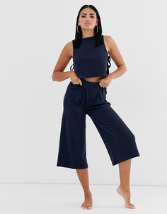 Широкие укороченные брюки в рубчик для дома ASOS DESIGN-Бежевый