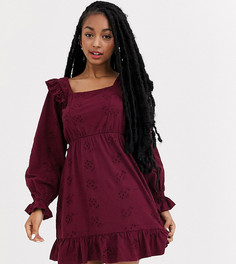 Платье мини винного цвета с вышивкой ришелье и оборками на плечах ASOS DESIGN Petite-Красный
