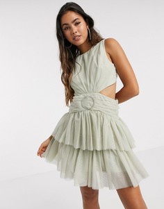 Шалфейно-зеленое платье мини из тюля с декоративным кольцом ASOS DESIGN-Мульти