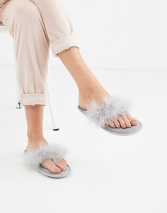 Серые шлепанцы с искусственными перьями New Look-Серый