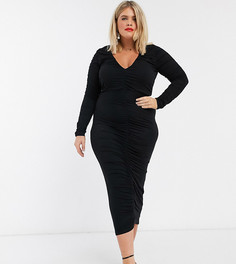 Черное платье миди с длинными рукавами и сборками ASOS DESIGN Curve-Черный