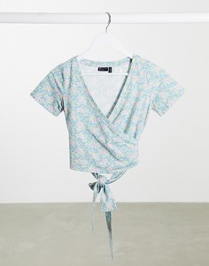 Пастельно-зеленый облегающий топ с запахом и цветочным принтом ASOS DESIGN
