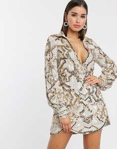 Платье-рубашка мини с глубоким вырезом и отделкой ASOS DESIGN-Мульти