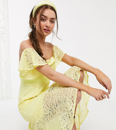 Кружевное платье макси лимонного цвета с годе Little Mistress Petite-Желтый