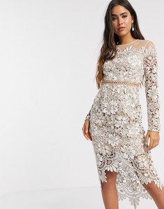 Платье миди с цветочной вышивкой и отделкой в форме колец ASOS DESIGN-Кремовый