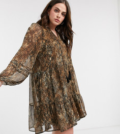 Коричневое платье миди с леопардовым принтом и складками River Island Plus-Коричневый