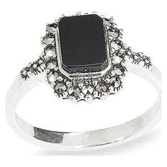 МАРКАЗИТ Кольцо с марказитами и ониксами из серебра HR948, размер 17.5