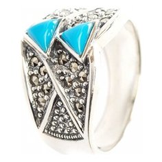 МАРКАЗИТ Кольцо с марказитами и бирюзой из серебра HR217, размер 18