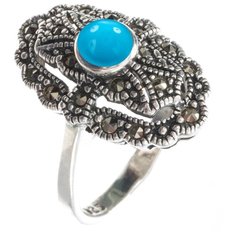 МАРКАЗИТ Кольцо с марказитами и бирюзой из серебра HR139, размер 16