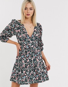 Хлопковое ярусное платье мини с запахом и цветочным принтом ASOS DESIGN-Мульти