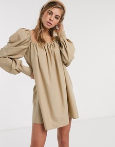 Светло-бежевое платье мини A-образного силуэта из хлопкового поплина ASOS DESIGN-Бежевый