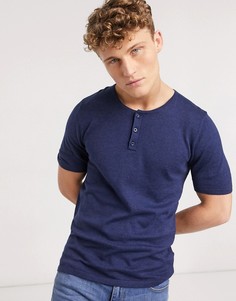 Темно-синяя обтягивающая футболка с горловиной на пуговицах ASOS DESIGN-Темно-синий