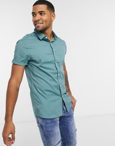 Зеленая приталенная рубашка с короткими рукавами ASOS DESIGN-Зеленый