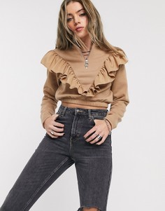 Бежевый свитшот с воротом на молнии и оборкой Bershka-Коричневый