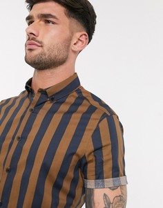 Коричневая узкая рубашка в полоску с короткими рукавами ASOS DESIGN-Коричневый