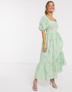 Зеленое хлопковое платье миди с вышивкой и шнуровкой на спине ASOS DESIGN-Зеленый