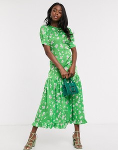 Зеленое ярусное платье макси с короткими рукавами и цветочным принтом Never Fully Dressed-Зеленый