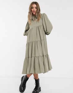 Ярусное платье миди цвета хаки Topshop-Зеленый
