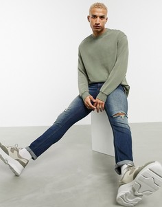 Свитшот цвета хаки с эффектом кислотной стирки и необработанным краем Bershka-Зеленый