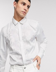 Светлая атласная рубашка классического кроя с вышивкой ASOS DESIGN-Белый