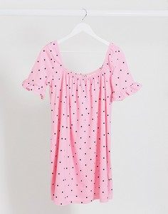 Свободное розовое платье мини в горошек с оборками ASOS DESIGN-Розовый