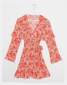 Красное платье мини с запахом и цветочным принтом Topshop-Красный