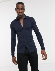 Темно-синяя обтягивающая рубашка из органического хлопка с длинными рукавами ASOS DESIGN-Темно-синий