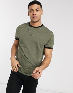 Меланжевая футболка цвета хаки с контрастной окантовкой ASOS DESIGN-Зеленый