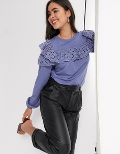 Синий лонгслив с открытыми плечами и вышивкой ришелье River Island