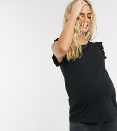 Черная футболка с вышивкой ришелье и оборками на рукавах New Look Maternity-Черный