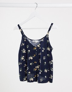 Синий топ на бретелях с цветочным принтом Hollister
