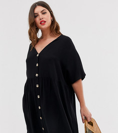 Свободное платье мини с V-образным вырезом и пуговицами ASOS DESIGN Curve-Черный