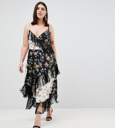 Платье миди с бахромой и комбинированным цветочным принтом ASOS DESIGN Curve-Мульти