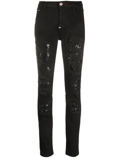 Philipp Plein декорированные джинсы с эффектом потертости