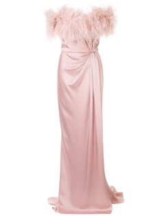 Marchesa длинное платье с перьями